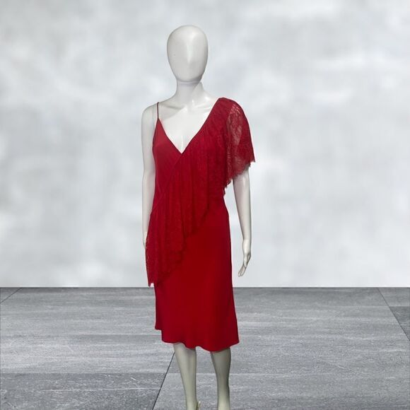 Diane Von Furstenberg Red Spaghetti Strap Ine Shoulder Ruffle Slip Dress - Picture 2 of 7
